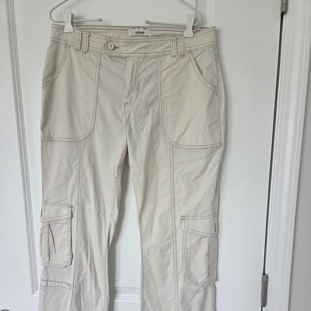 Cotton-On Cargo Wide Leg Pants BOHO Streetwear Utility Beige Women 10 - Picture 1 of 5
